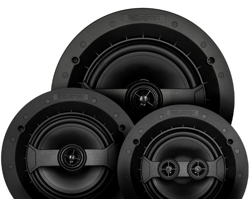 Three Red Atom speakers