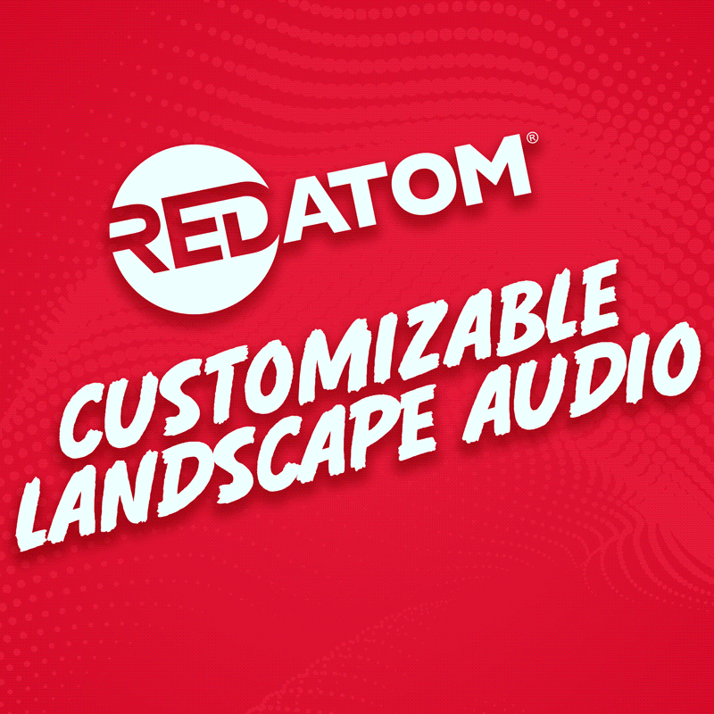 Red Atom customizable landscape audio speakers and subwoofer with map showing layout of system